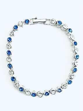 Avon Silver Plated Tennis Bracelet with Blue & Clear CZ Size Small